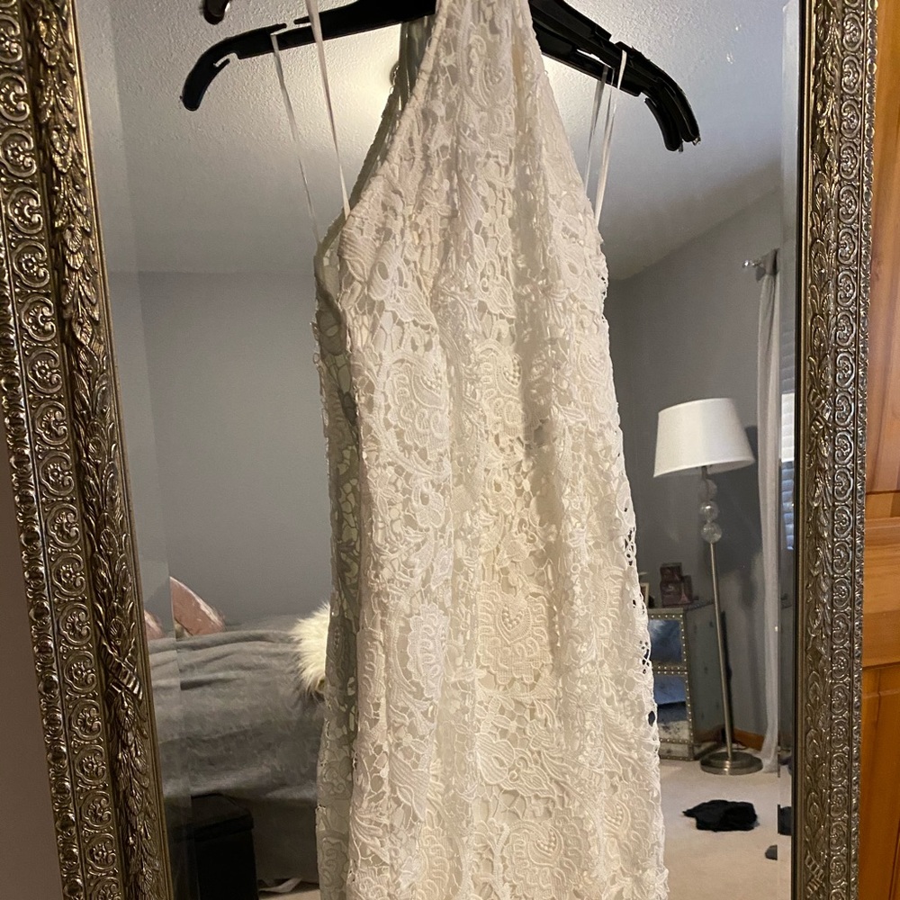 White lace high neck/low back dress